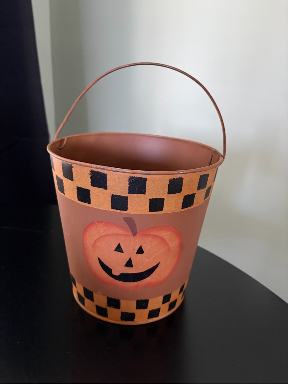 Rustic Metal Decorative Bucket Halloween Jack-O-Lantern Checkered Border